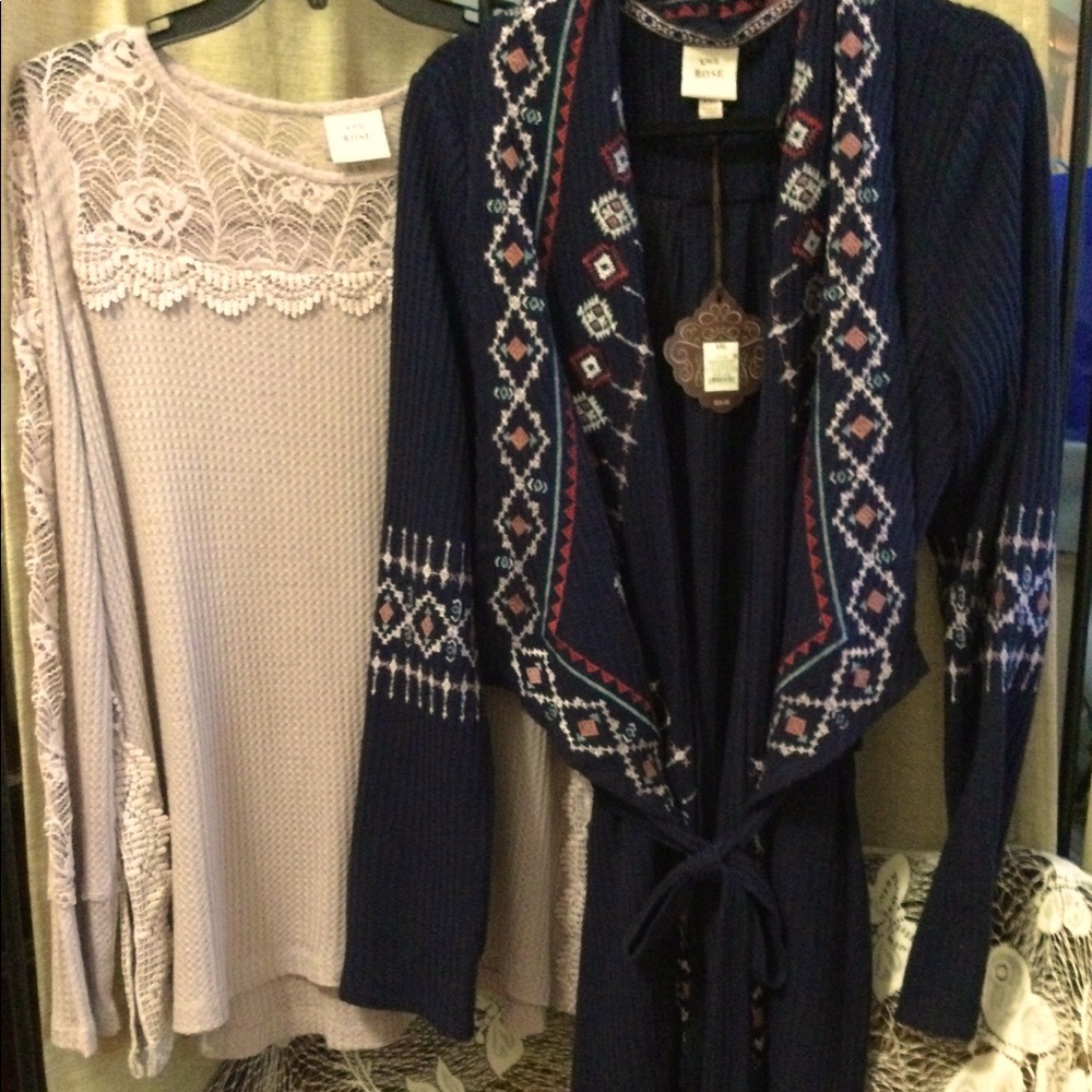 Knox Rose Long Sleeve Mauve Thermal & Matching Embroidered Open Tie Cardigan!